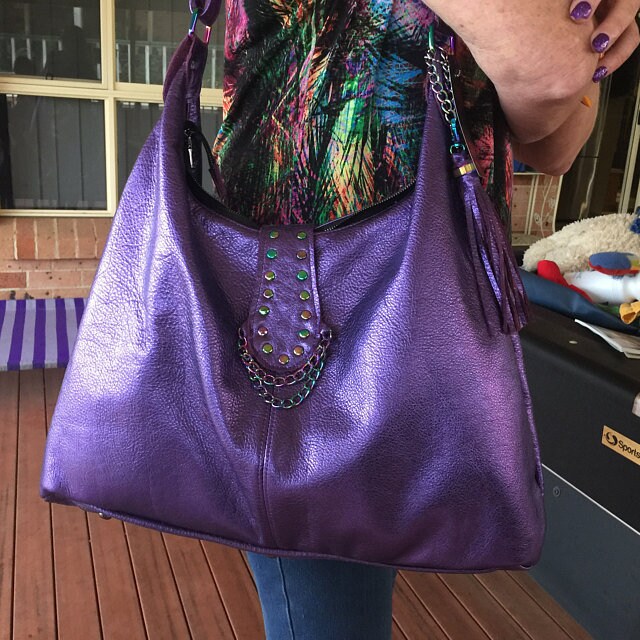 Metallic Purple Italian Hobo Shoulder Bag with Rainbow hardware