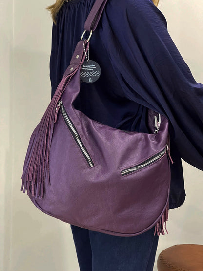 Purple leather Hobo, premium soft double layer leather fringe