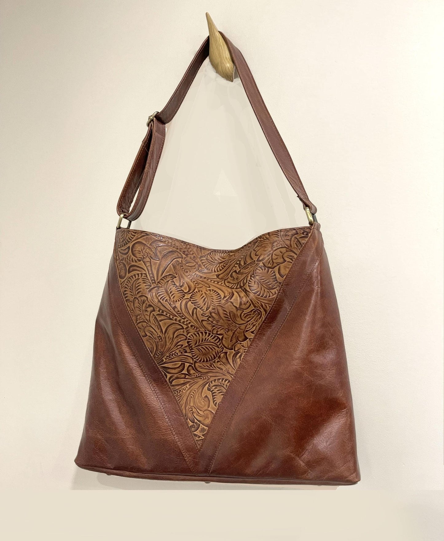 Brown tooled leather Hobo bag, Premium Leather, flower and leaf design IN STOCK