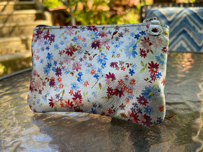 Metallic ditsy floral coin purse, small print on silver leather gift idea