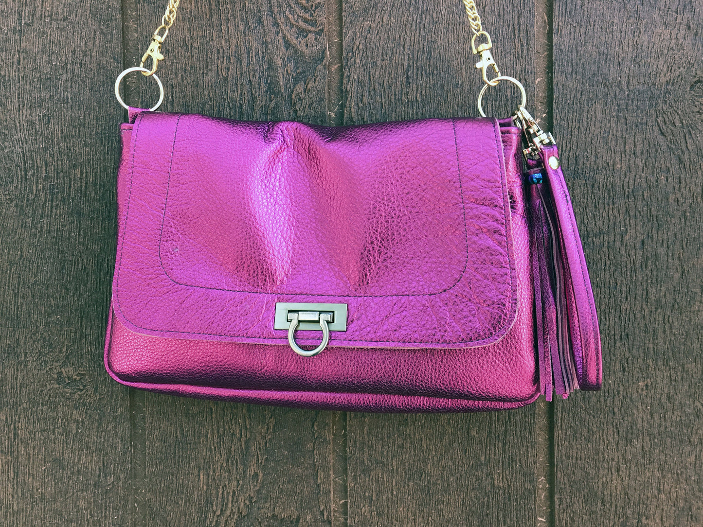 Hot Pink Metallic Leather crossbody with turn clasp close