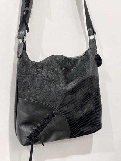 Black Tooled leather crossbody, Boheme artisan leather Bag