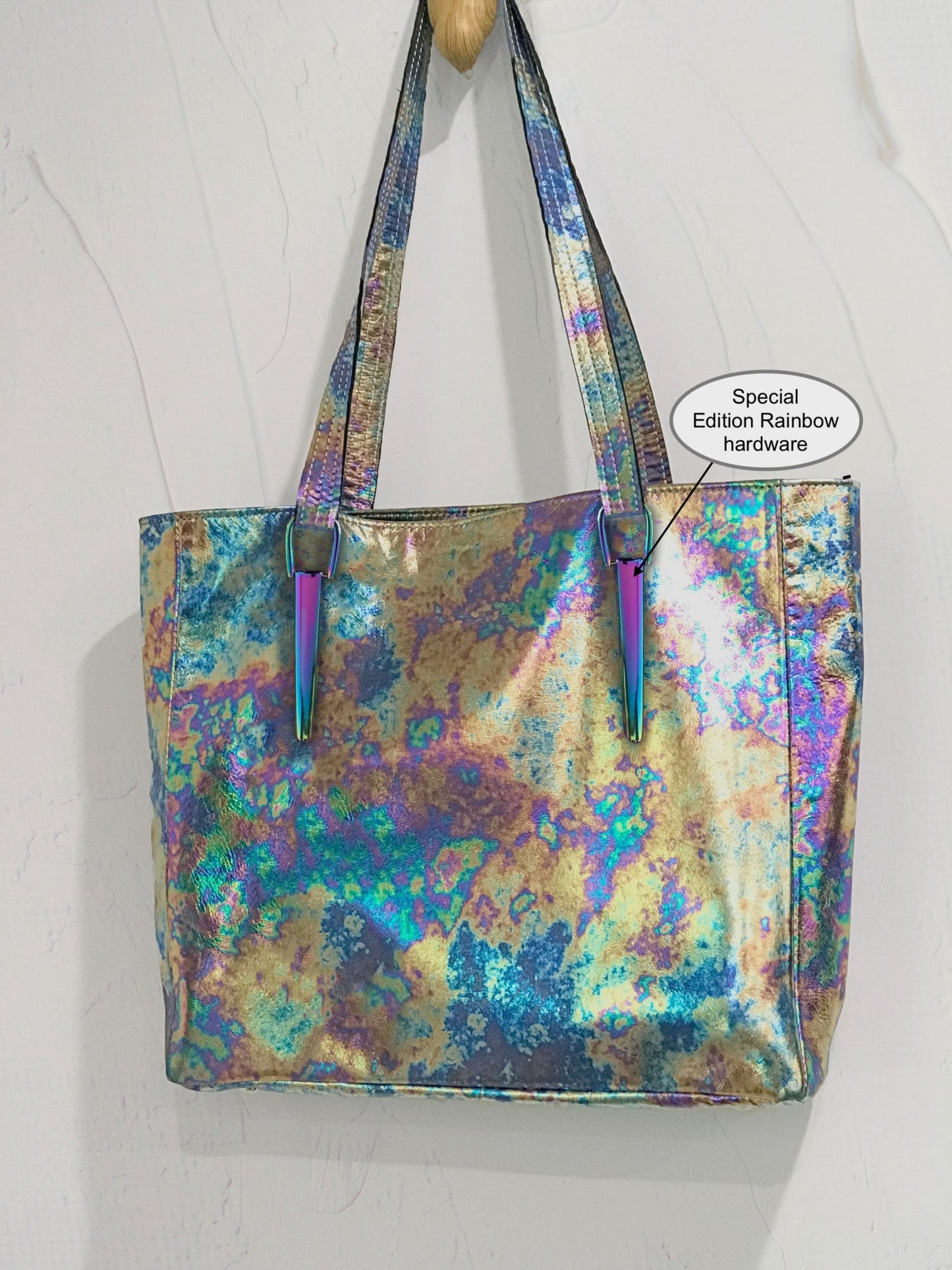 Oil Slick Metallic Leather Tote, free purse