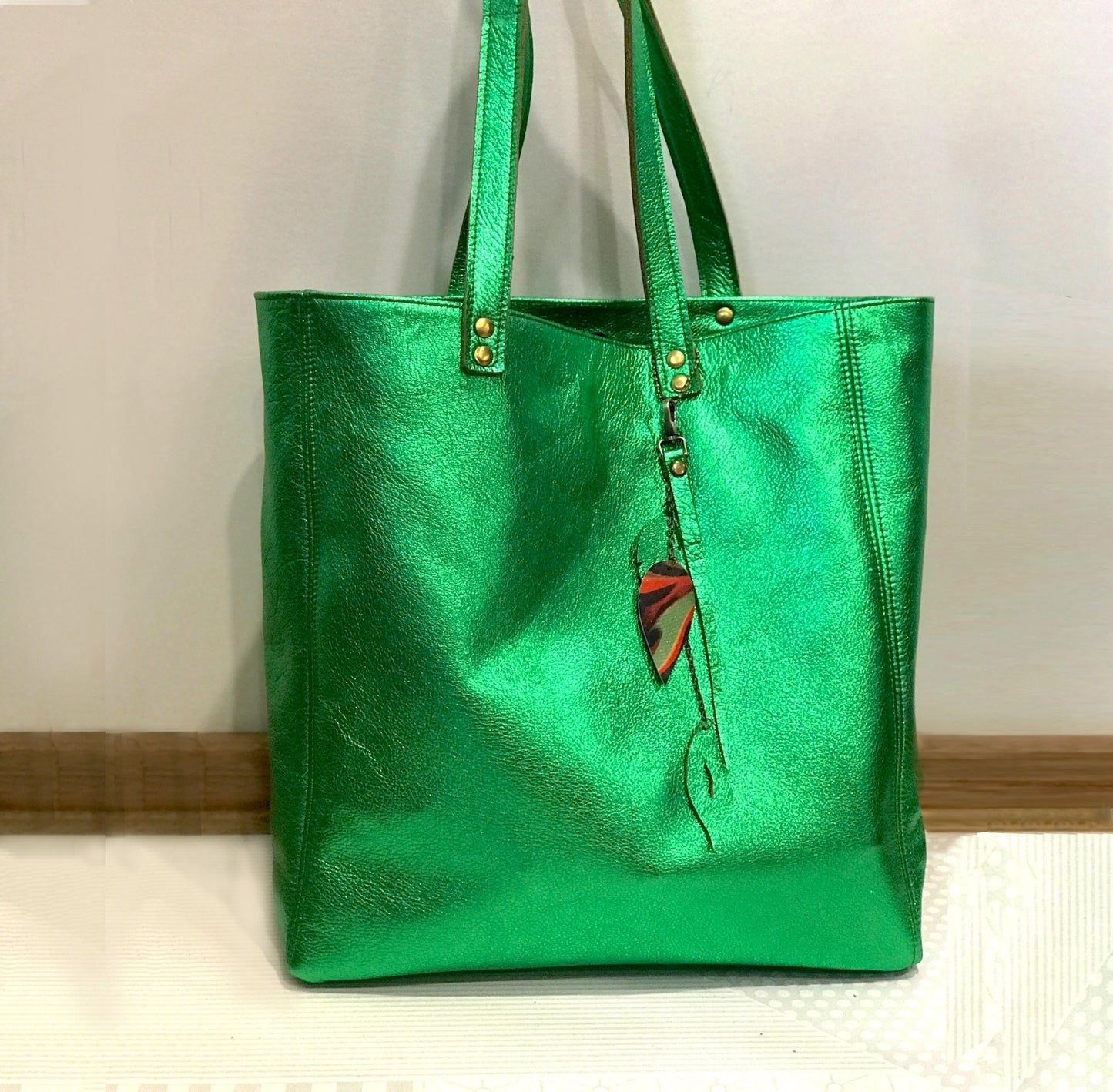Emerald Green Metallic Leather Tote, free leather purse