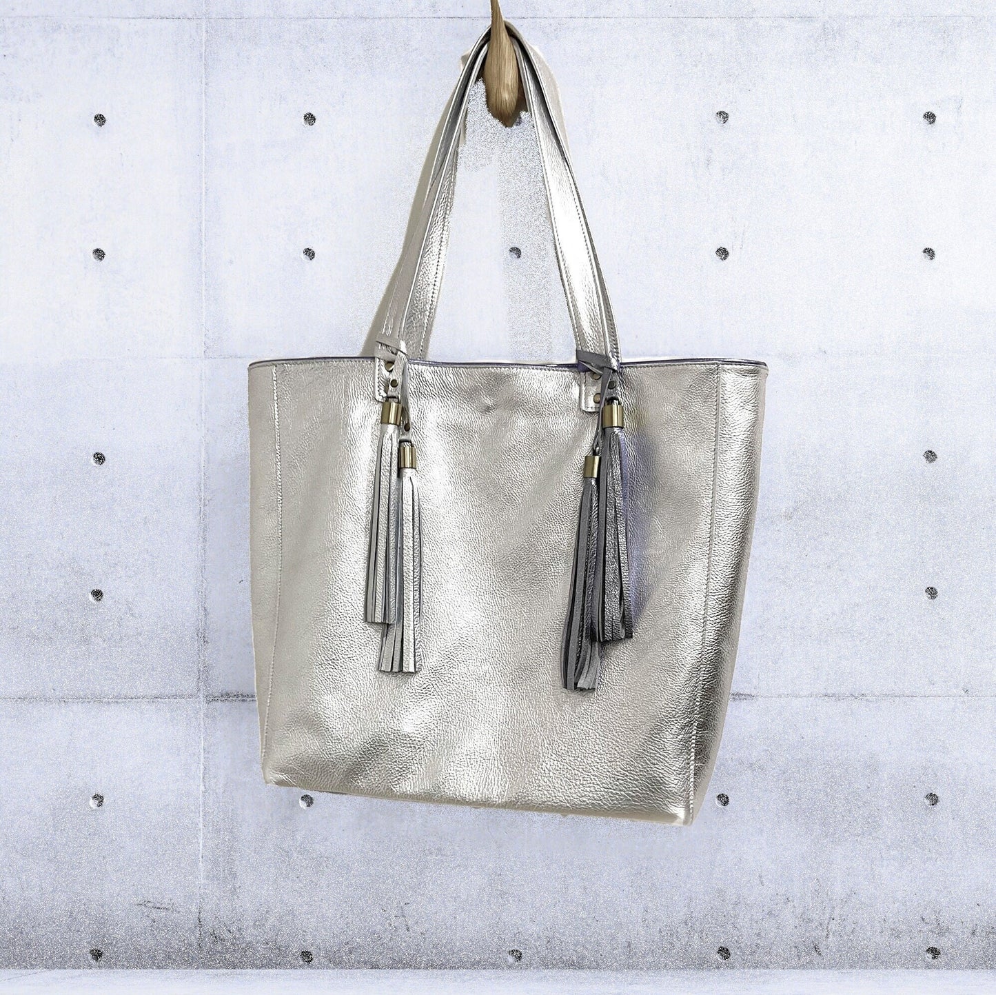 Metallic Silver Leather Tote