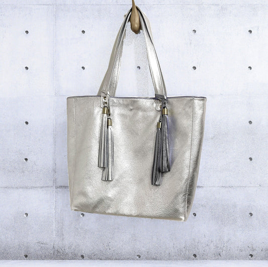 Metallic Silver Leather Tote