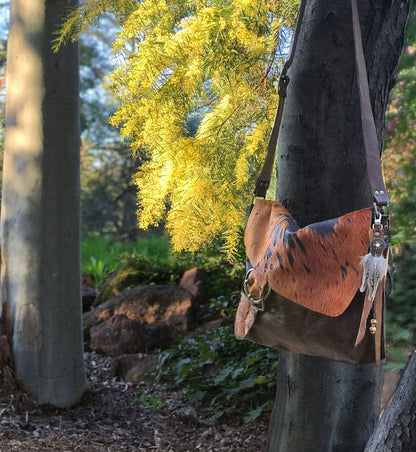 Cowhide Celtic Leather Crossbody, wide strap, OOAK cowhide