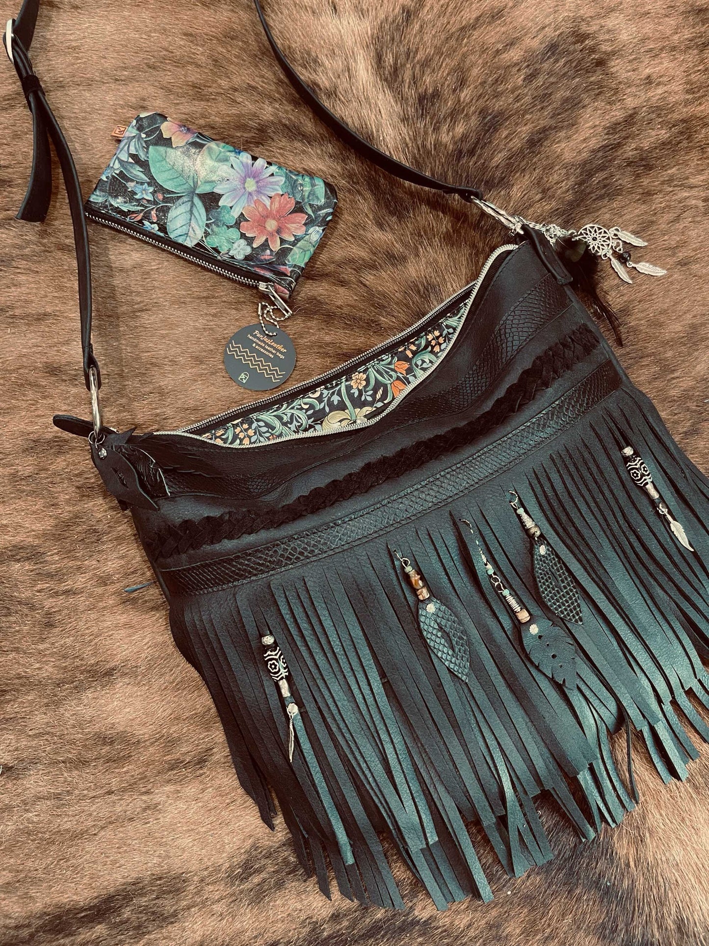 Black Double Fringe Bag, boho braided leather