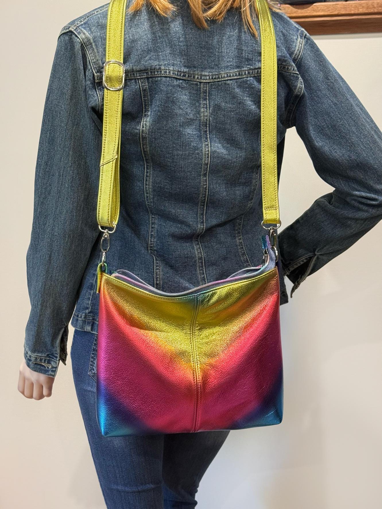 Metallic rainbow crossbody bag, premium soft metallic leather, IN STOCK