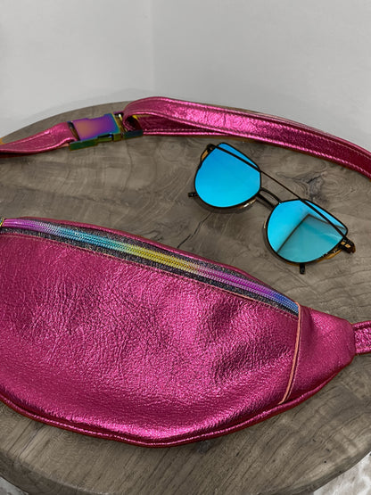 Metallic Hot Pink Leather waist bag, Soft unlined crescent fanny pack, bum bag