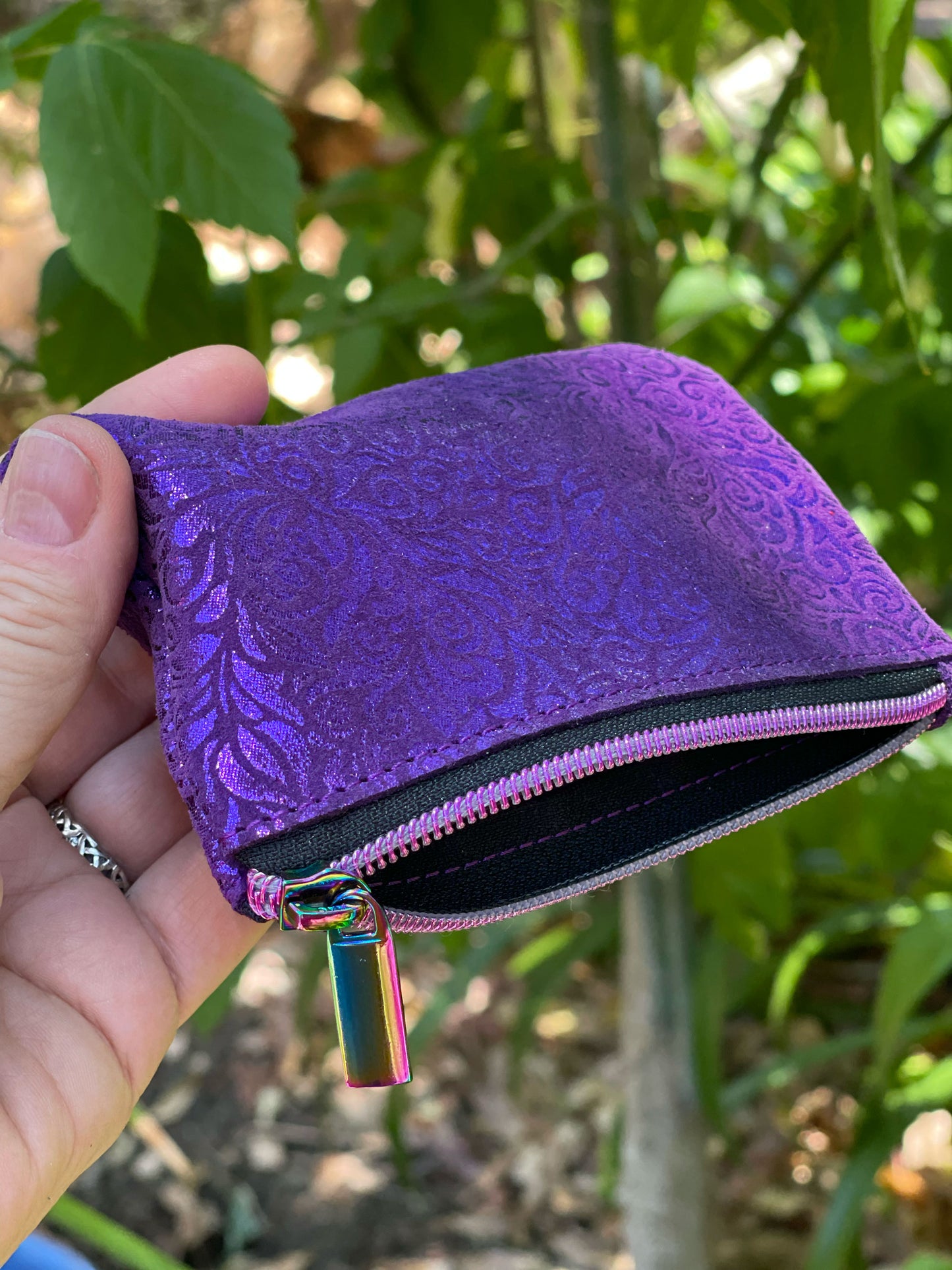 Purple Metallic Leather Zipper Purse, Baroque Iridescent Pouch