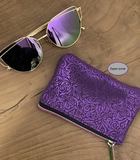 Purple Metallic Leather Zipper Purse, Baroque Iridescent Pouch