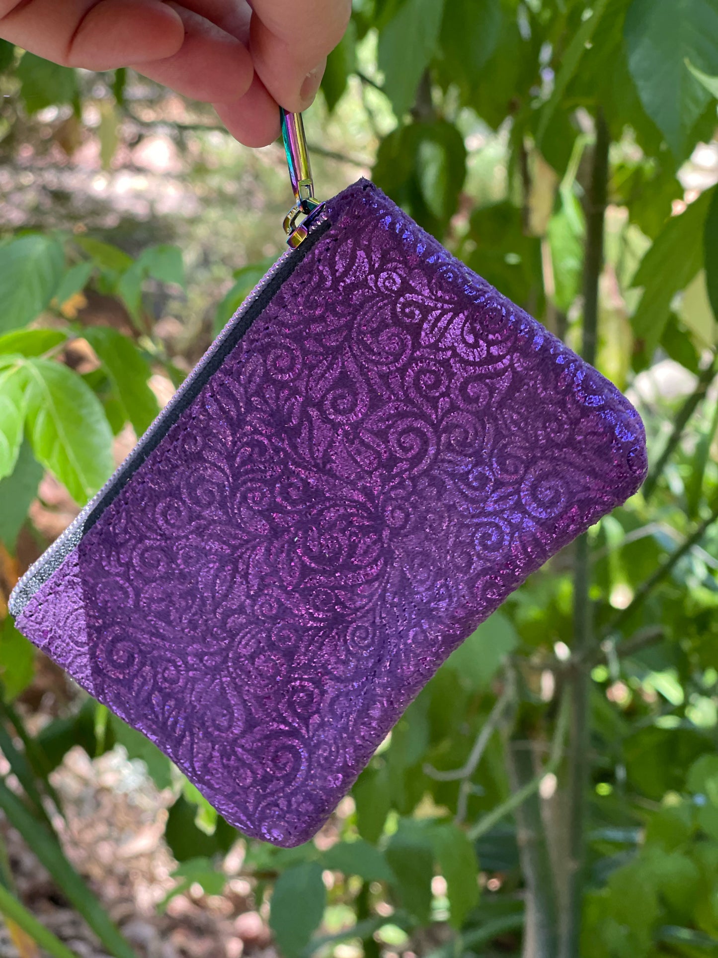 Purple Metallic Leather Zipper Purse, Baroque Iridescent Pouch