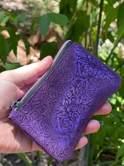 Purple Metallic Leather Zipper Purse, Baroque Iridescent Pouch