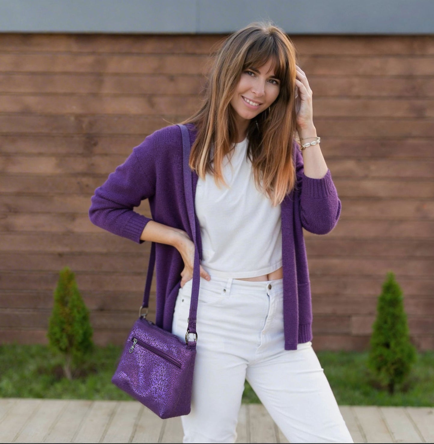 Metallic purple crossbody bag with Pearlised Baroque Pattern