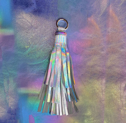 Holographic Iridescent Leather tassel, quality strong hardware, keyring tassel