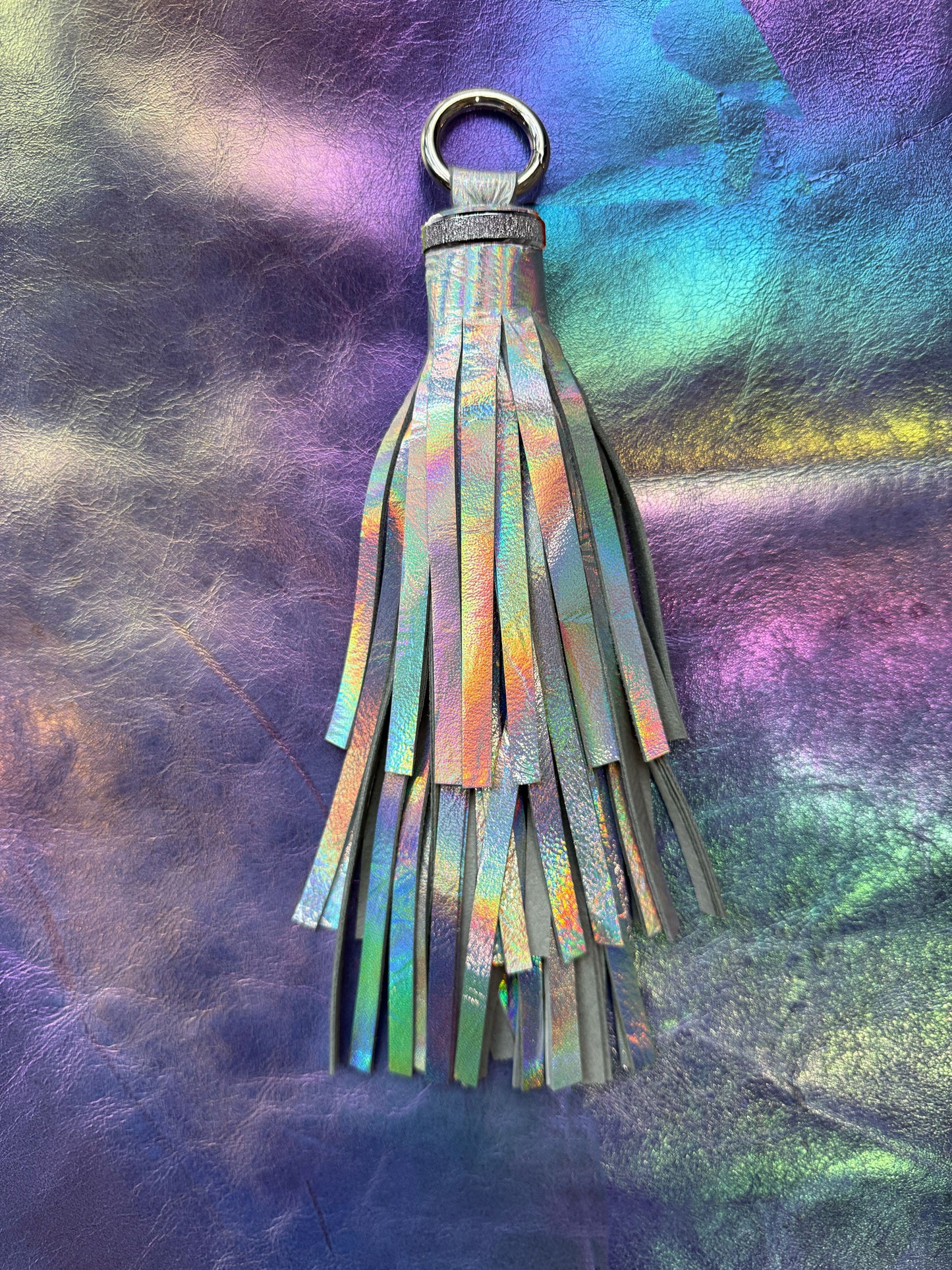Holographic Iridescent Leather tassel, quality strong hardware, keyring tassel