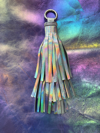 Holographic Iridescent Leather tassel, quality strong hardware, keyring tassel