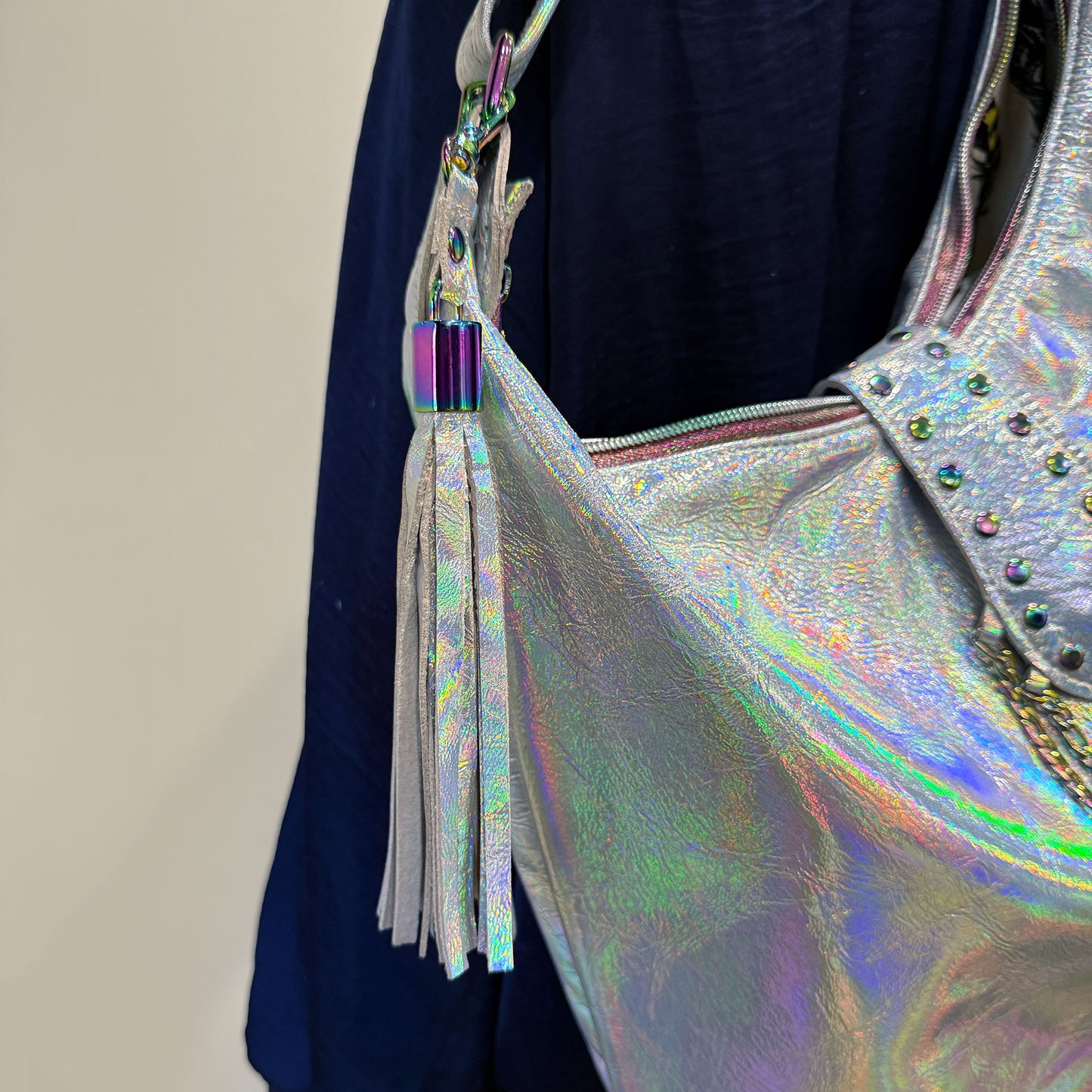 Holographic Leather Hobo, iridescent silver Italian premium leather IN STOCK
