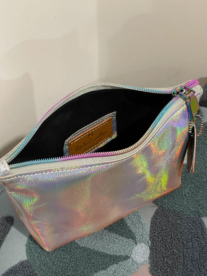 Holographic iridescent silver Leather makeup purse, lined cosmetic purse