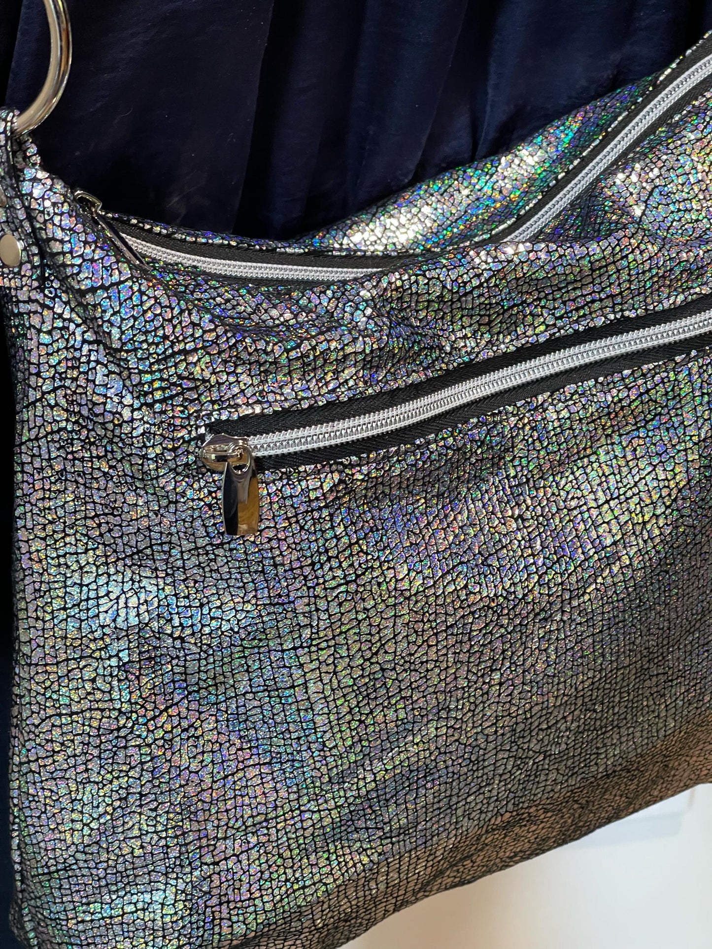 Holographic handbag with silver hardware easy glide waterproof zippers