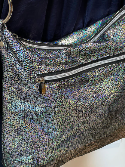 Holographic handbag with silver hardware easy glide waterproof zippers