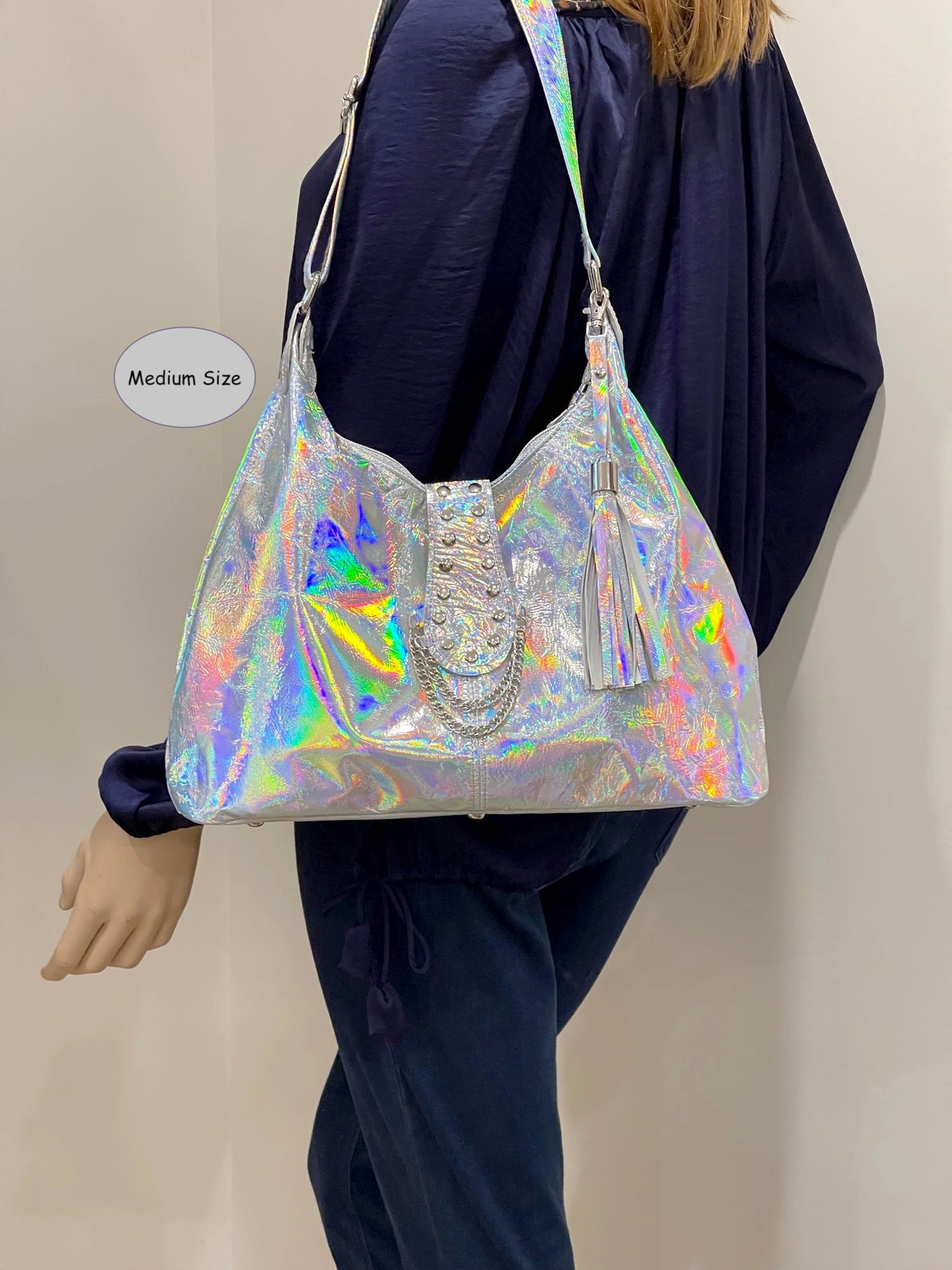 Holographic Leather Hobo, iridescent silver Italian premium leather