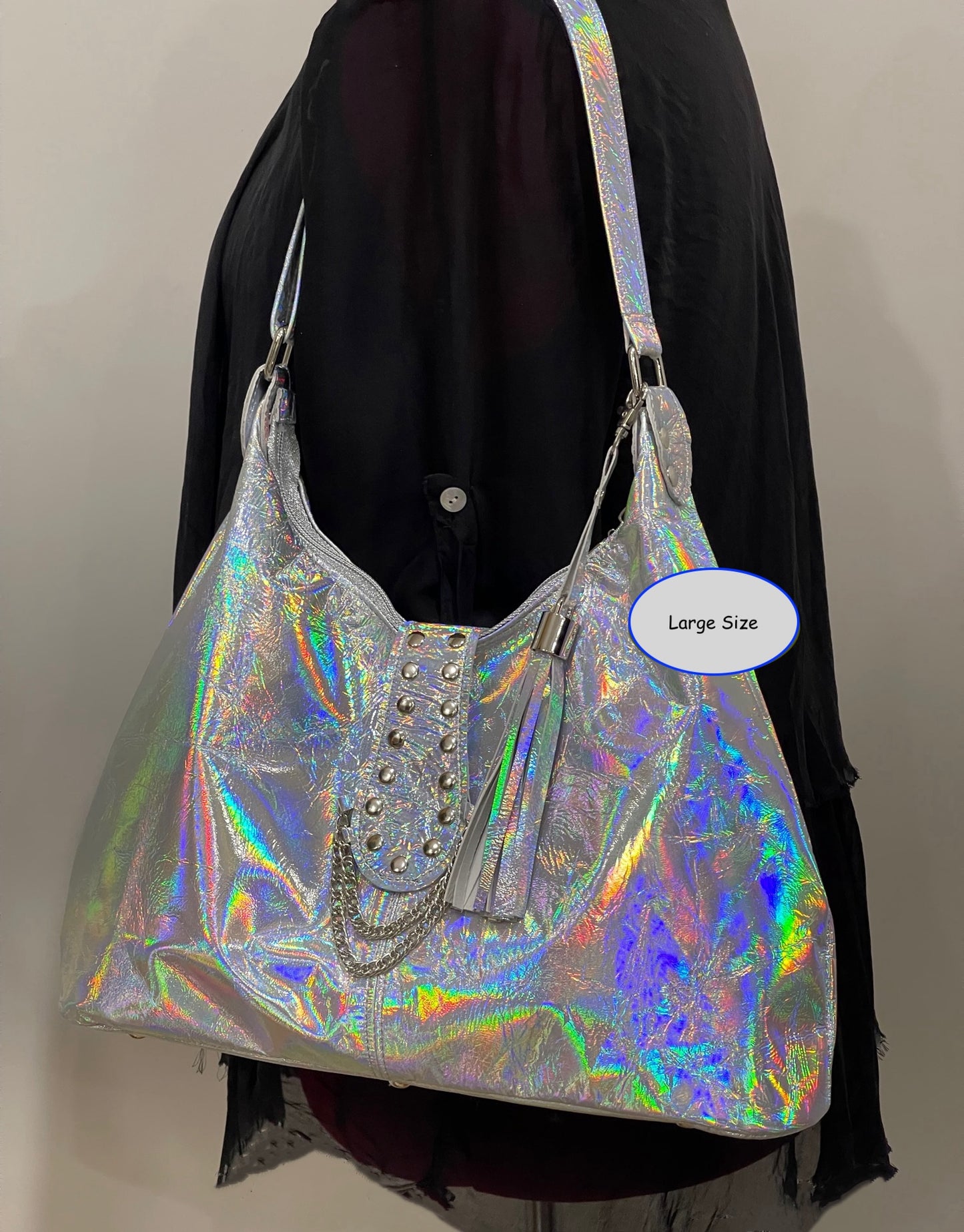 Holographic Leather Hobo, iridescent silver Italian premium leather