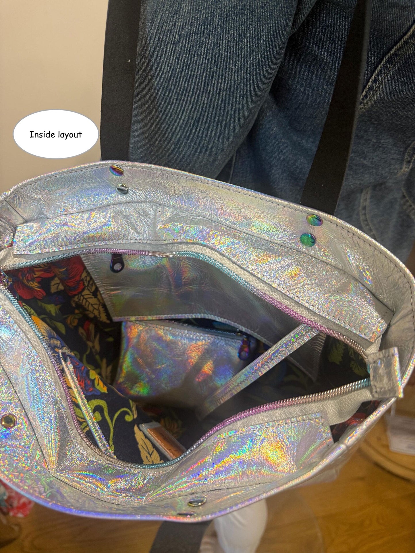 Holographic Leather Tote, iridescent leather, FREE purse, magnet or zipper close