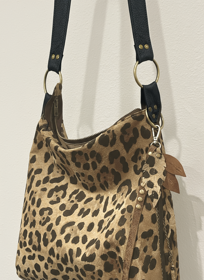 Leopard bag on cool off-white wall