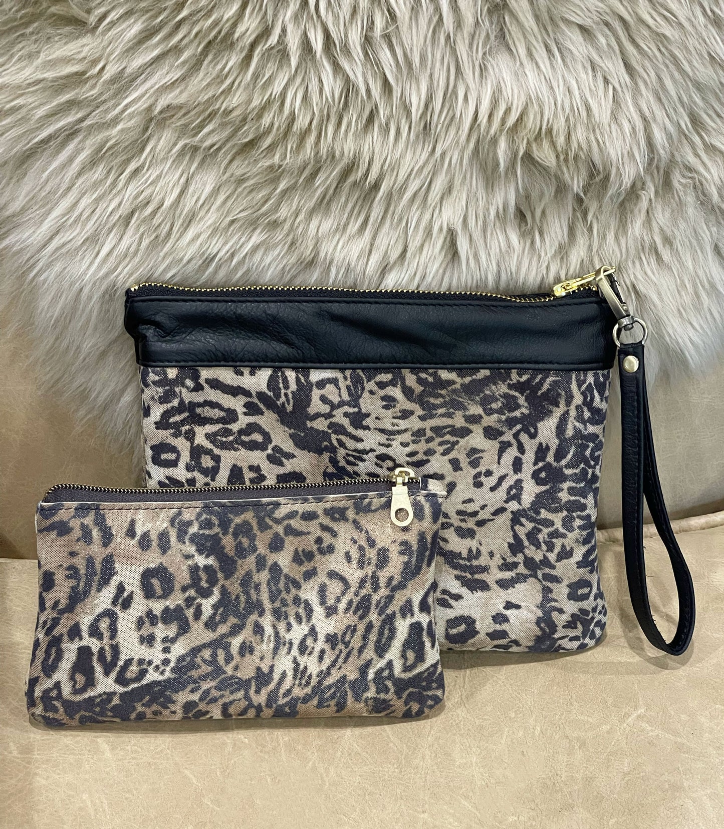 Leopard print shimmer leather Wristlet IN STOCK