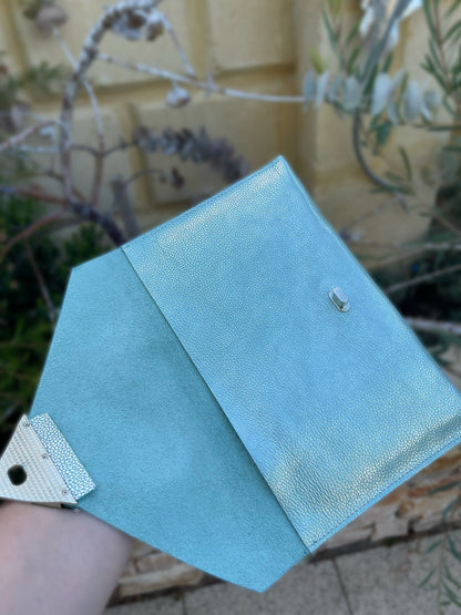 inside suede soft blue iridescent leather wallet clutch