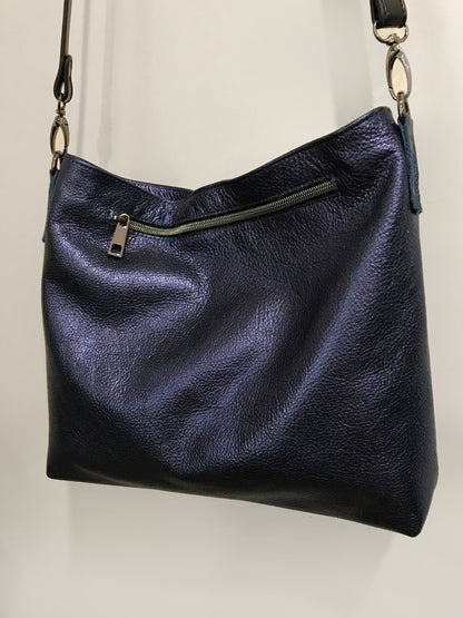 Navy Metallic blue leather Shoulder bag, or Crossbody with zipper pocket and key clasp