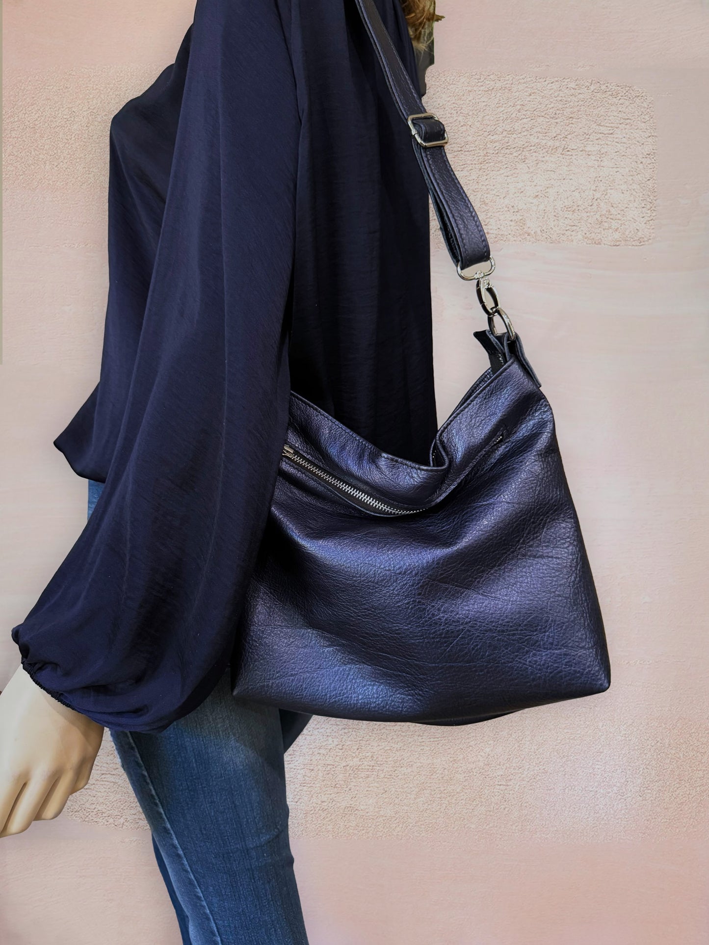 Navy Metallic blue leather Shoulder bag, or Crossbody with zipper pocket and key clasp
