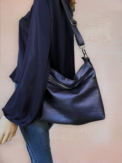Navy Metallic blue leather Shoulder bag, or Crossbody with zipper pocket and key clasp
