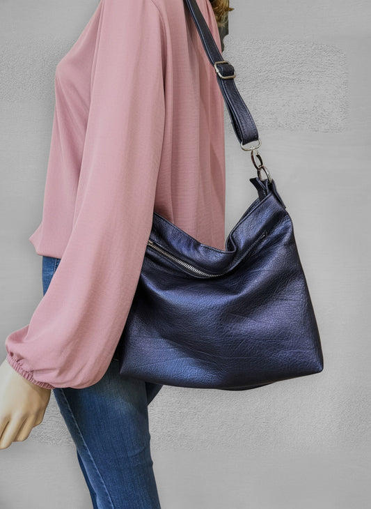 Navy Metallic blue leather Shoulder bag, or Crossbody with zipper pocket and key clasp