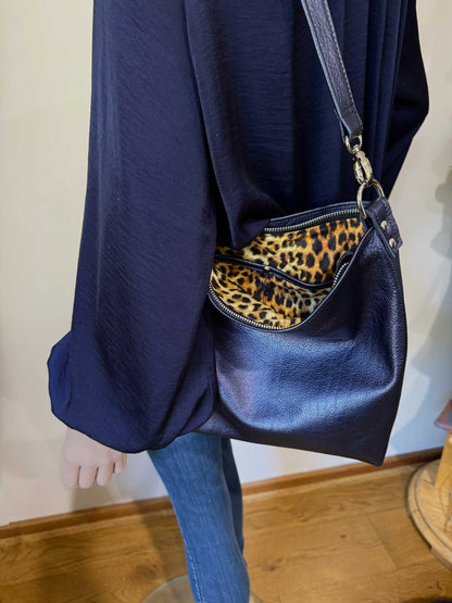 Navy Metallic blue leather Shoulder bag, or Crossbody with zipper pocket and key clasp