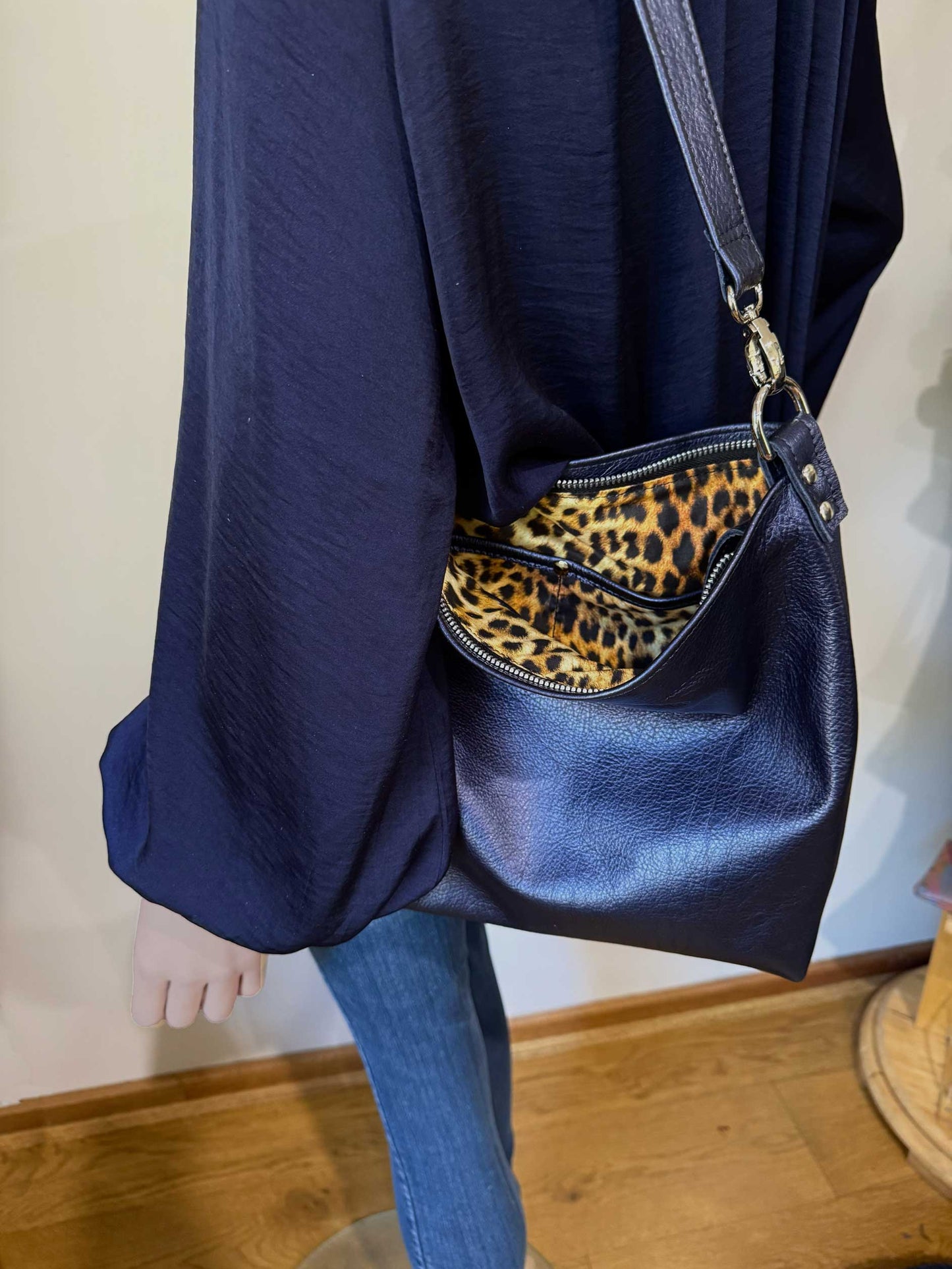 Navy Metallic blue leather Shoulder bag, or Crossbody with zipper pocket and key clasp