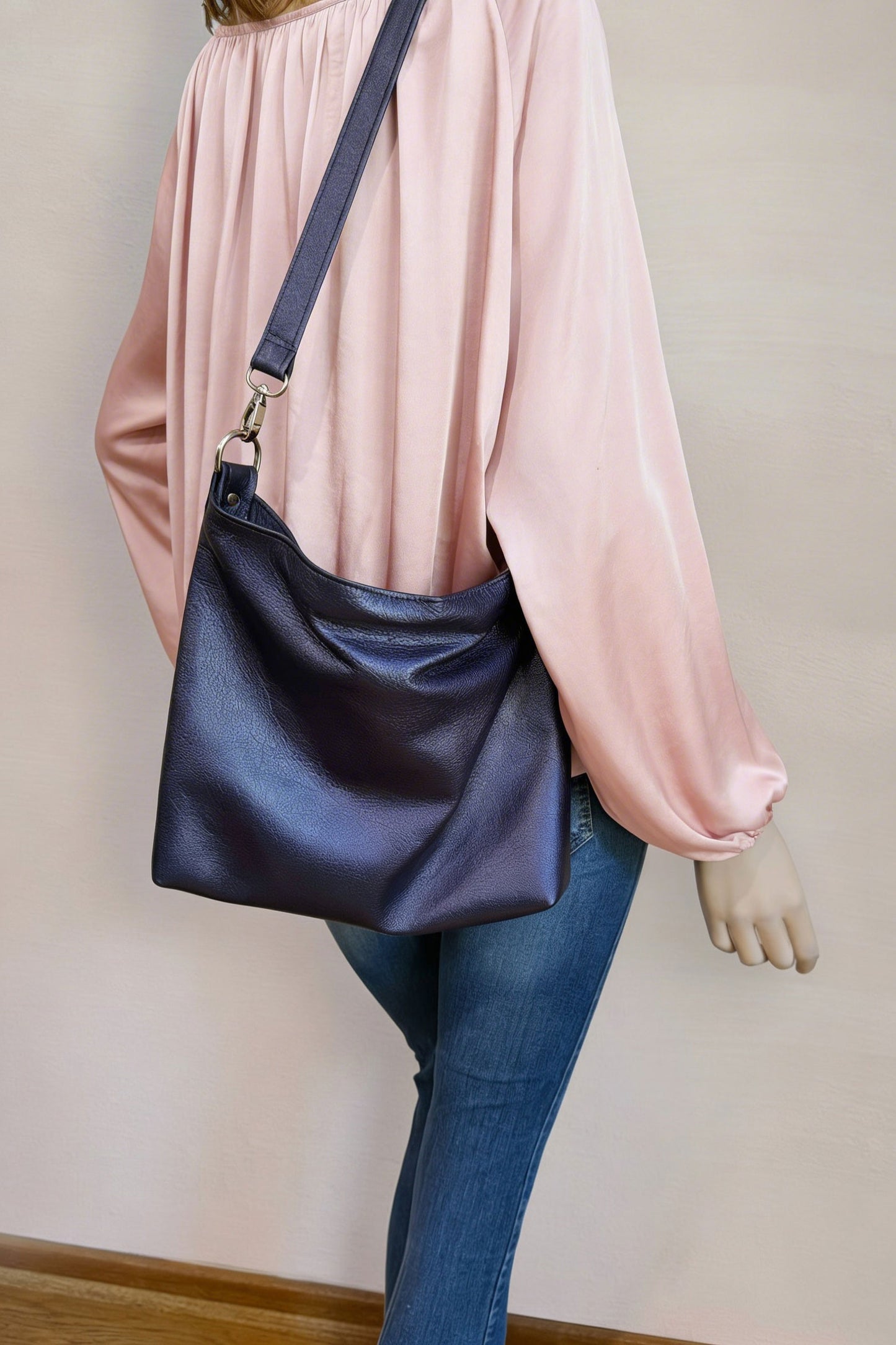 Navy Metallic blue leather Shoulder bag, or Crossbody with zipper pocket and key clasp