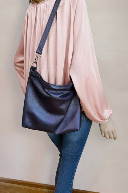 Navy Metallic blue leather Shoulder bag, or Crossbody with zipper pocket and key clasp