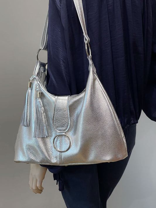 Metallic Silver Leather Italian Hobo Bag