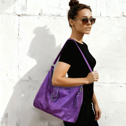 Metallic Purple Soft Italian Hobo, fine florentine design on surface, zip pockets