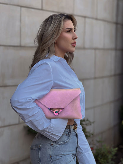 Iridescent Pink Leather clutch, Metallic, iridescent clutch purse