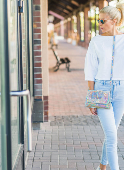 Holographic Silver flap over Messenger bag, premium Italian holo leather, Iridescent