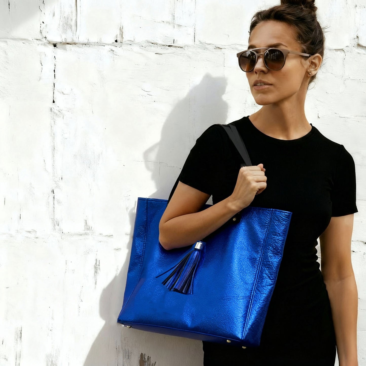 Metallic Cobalt Leather Tote, Soft relaxed luxury metallic leather, free leather purse, electric blue