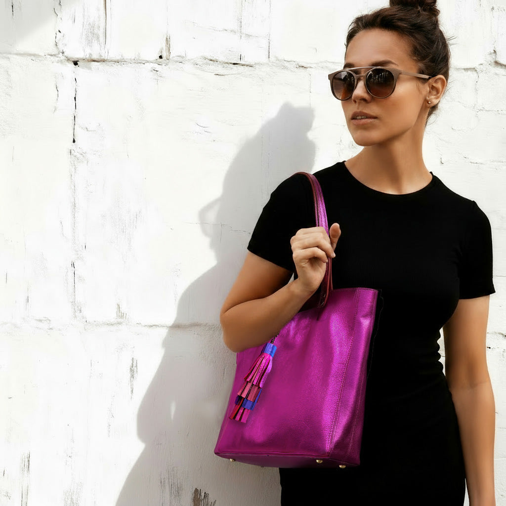 Fuchsia Pink Metallic Leather Tote, free leather purse
