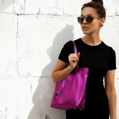 Fuchsia Pink Metallic Leather Tote, free leather purse