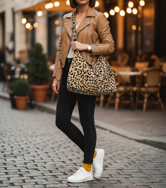 Leopard Print Leather Italian Hobo Bag, Suede surface