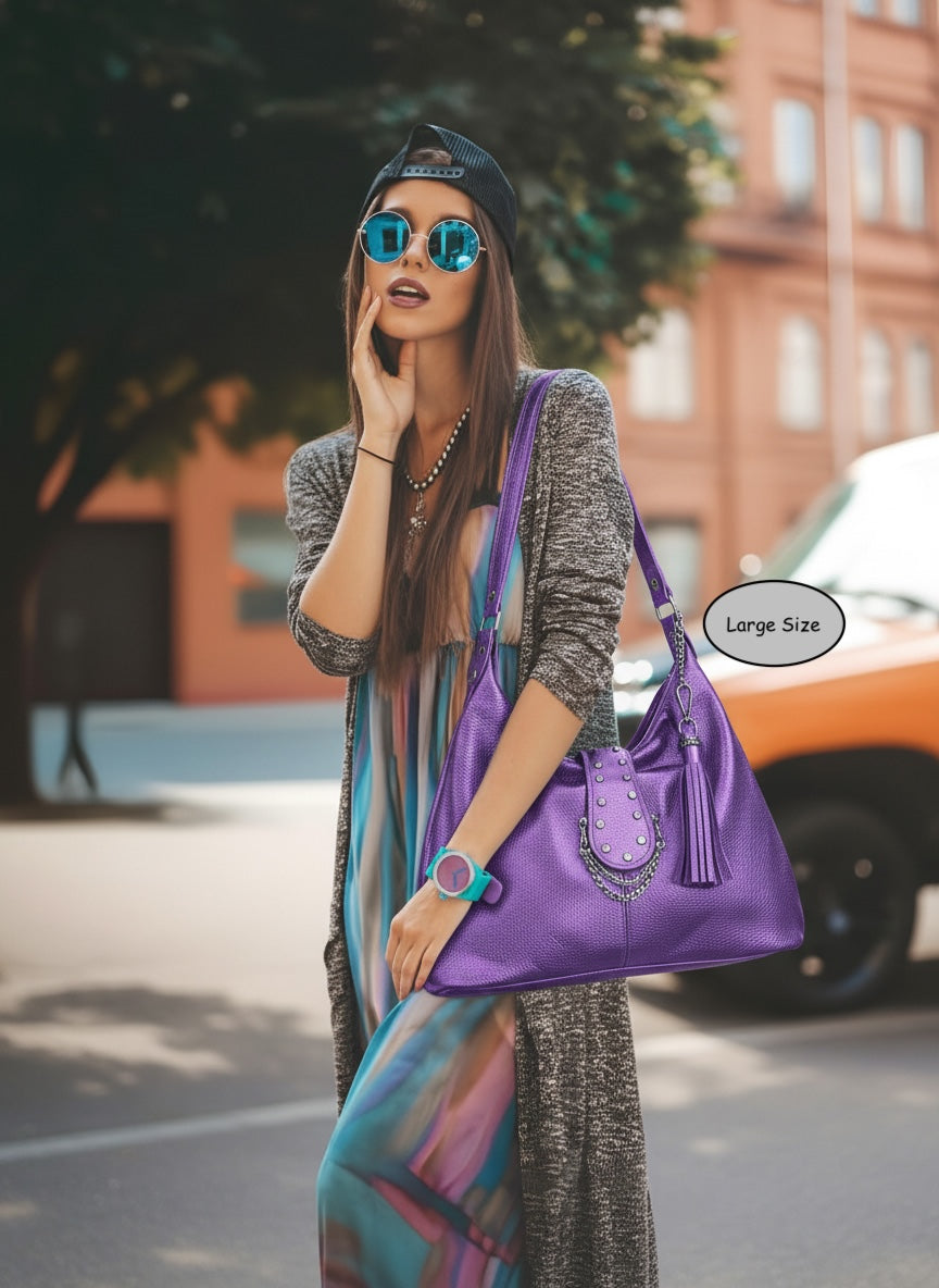 Woman holding a purple handbag on a street with a car and building in the background