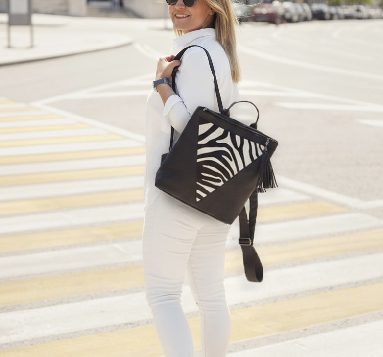 Backpack Black zebra print cowhide Leather